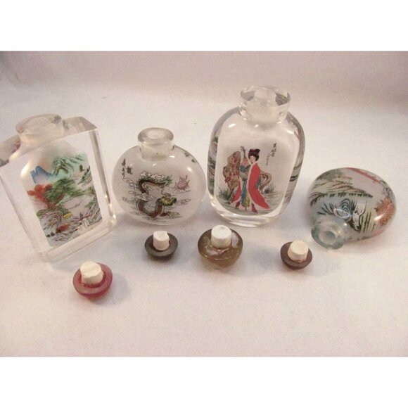 Reverse Painted Glass Snuff Bottles Vintage Asian Art with Stoppers Lot of 4 - Picture 6 of 12
